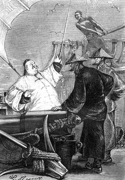 Zeichnung von Leon Benett, aus Jules Vernes Buch „Die Leiden eines Chinesen in China“ - Hetzel-Ausgabe/Außergewöhnliche Reisen 1879. von Léon Benett