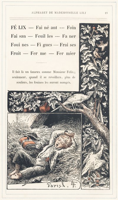 Felix, Heu, Fasan, Blätter, Faner, Wiesel, Feigen, Erdbeeren, Obst, Bauernhof, Bauer, Seite 19 - Alphabet von Mademoiselle Lili, von L. Froelich und von einem Vater (Hetzel selbst). Bibliotheque & Magasin d