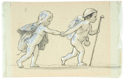 Vignette mit gehendem Jungen und Mädchen, die sich an den Händen halten von Lorenz Frølich