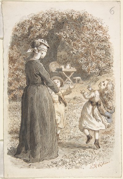 Eine Mutter und zwei Kinder spielen Blindekuh von Lorenz Frølich