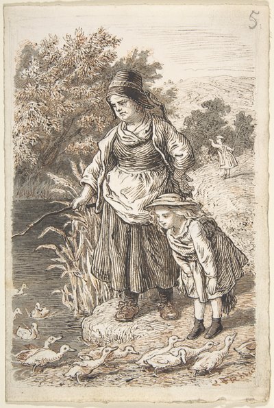 Frau und Kind an einem Ententeich von Lorenz Frølich