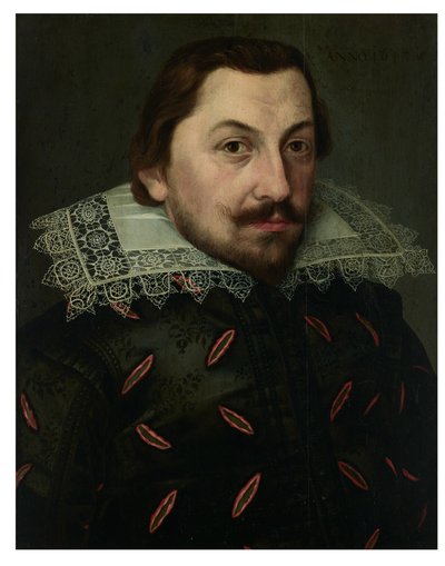 Porträt eines Mannes, Brustlänge, in einem schwarzen, geschlitzten Seidendoublet mit einem Puntonari-Spitzenkragen von Lorenz Strauch