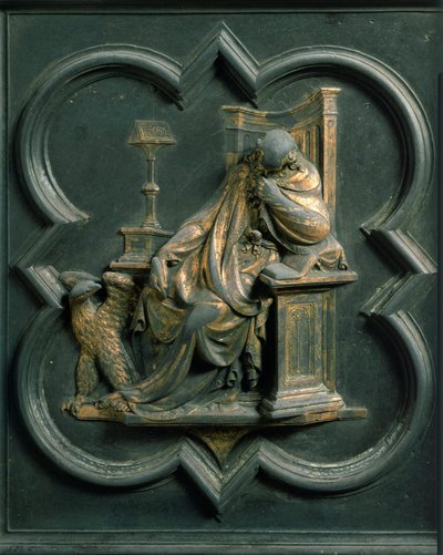 Nordtor (genannt Kreuztor, im Norden), Außendetail: Heiliger Johannes Evangelist. Bronzeskulptur von Lorenzo Ghiberti von Lorenzo Ghiberti