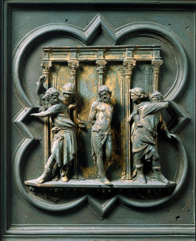 Nordtor (genannt Kreuztor, im Norden), Außendetail: Die Geißelung. Bronzeskulptur von Lorenzo Ghiberti von Lorenzo Ghiberti