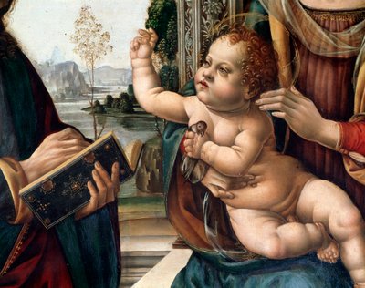 Jungfrau mit Kind und zwei Heiligen, St. Matthäus und St. Hieronymus (Detail) Gemälde von Lorenzo di Credi (1459-1537) Florenz, Kirche Santo Spirito, Italien von Lorenzo di Credi