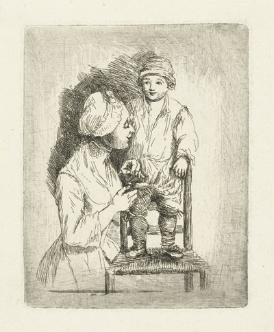 Eine Mutter näht einen Knopf an die Hose ihres Sohnes von Louis Bernard Coclers