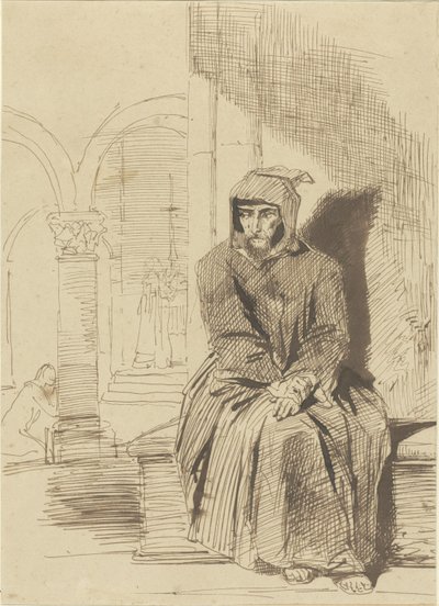 Sitzender Mönch in Meditation, während im Hintergrund die Messe gefeiert wird von Louis Boulanger