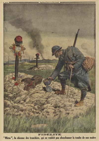 Loyalität: Französischer Armeehund, der sich weigert, das Grab ihres toten Meisters zu verlassen, Erster Weltkrieg von Louis Charles (after) Bombled