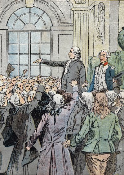 Französische Revolution: Der Abgeordnete Jean Sylvain Bailly (1736-1793) wurde am 15.07.1789 in Anwesenheit von La Fayette zum Bürgermeister von Paris gewählt (Illustration) von Louis Charles Bombled