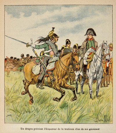 Illustration von Graf Emmanuel de Las Cases: Ein Drache warnt den Kaiser vor dem Verrat eines seiner Generäle in der Schlacht von Waterloo im Juni 1815 von Louis Charles Bombled