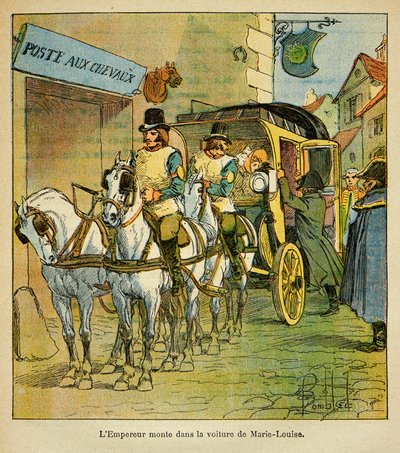 Illustration von Louis Bombled aus dem Buch „Das Memorial von Saint Helene“ von Graf Emmanuel de Las Cases: Kaiser Napoleon fährt im Wagen, um seine Frau Marie Louise 1810 zu treffen, Private Sammlung von Louis Charles Bombled