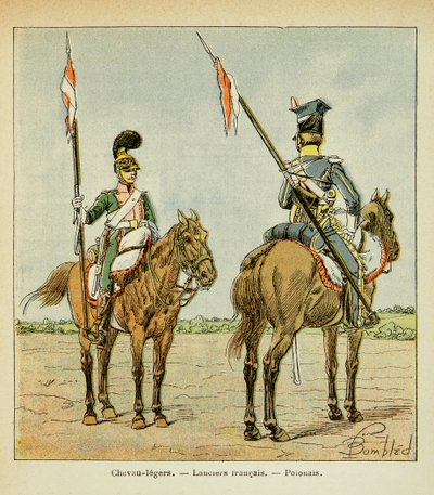 Illustration aus dem Buch „The Memorial of Saint Helene“ von Graf Emmanuel de Las Cases: Leichte Kavallerie der Garde: Französischer und polnischer Lanzenreiter von Louis Charles Bombled