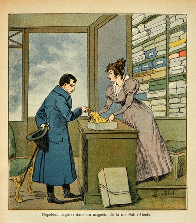 Der Kaiser Napoleon verkleidet sich in einem Geschäft in der Rue Saint Denis, aus dem Buch „The Memorial of Saint Helene“ von Graf Emmanuel de Las Cases von Louis Charles Bombled