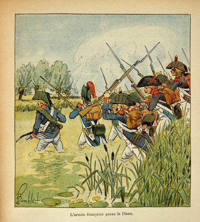Illustration von Louis Bombled (1862-1927) aus dem Buch „Das Memorial von Saint Helena“ von Graf Emmanuel de Las Cases (1766-1842): Die französische Armee überquert die Piave während des Italienfeldzugs, Privatbesitz von Louis Charles Bombled