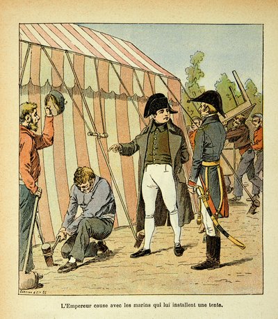 Illustration von Louis Bombled aus dem Buch „Das Memorial von Saint Helene“ von Graf Emmanuel de Las Cases: Der Kaiser Napoleon spricht mit den Matrosen, die ihm ein Zelt aufstellen von Louis Charles Bombled