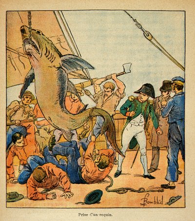 Illustration aus dem Buch „The Memorial of St. Helene“ von Graf Emmanuel de Las Cases: Kaiser Napoleon beobachtet den Fang eines Hais an Bord der Northumberland von Louis Charles Bombled