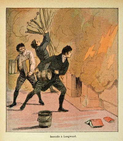 Illustration von Louis Bombled aus dem Buch „Das Memorial von Sainte Helene“ von Graf Emmanuel de Las Cases: Feuer in Longwood, Private Sammlung von Louis Charles Bombled