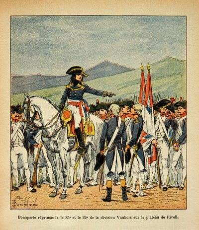 Illustration von Louis Bombled aus dem Buch „Das Memorial von Saint Helene“ von Graf Emmanuel de Las Cases: Bonaparte tadelt das 85. und 39. Vaubois-Regiment auf dem Plateau von Rivoli von Louis Charles Bombled