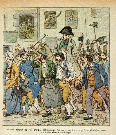 Illustration von Louis Bombled aus dem Buch „Das Memorial von Saint Helene“ von Graf Emmanuel de Las Cases: Bei seiner Rückkehr von Elba wurde der Kaiser im Faubourg Saint Antoine mit unübertroffener Begeisterung empfangen von Louis Charles Bombled