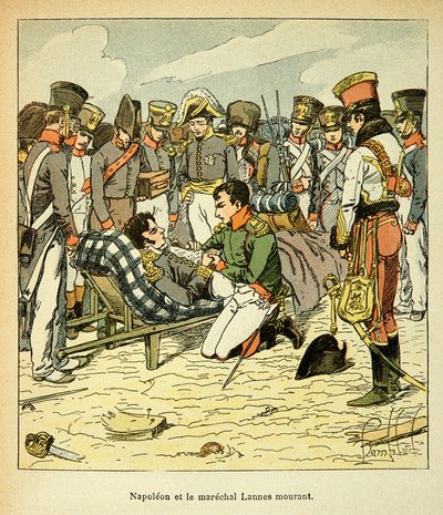 Illustration von Louis Bombled aus dem Buch „Das Memorial von Saint Helene“ von Graf Emmanuel de Las Cases: Tod von Marschall Jean Lannes, der Kaiser Napoleon an seiner Seite von Louis Charles Bombled