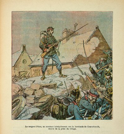 Die Armee der Loire von Eugene Sergent, illustriert von Louis Bombled (Deutsch-Französischer Krieg; Feldzug von 1870-1871): Sergeant Pitou, auf dem Weg zur Barrikade von Courceboeufs, entschlossen, das Dorf im Januar 1871 zu erobern, Sammlung P von Louis Charles Bombled