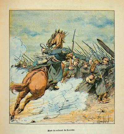 Die Armee der Loire von Eugene Sergent, illustriert von Louis Bombled (Deutsch-Französischer Krieg; Feldzug von 1870-1871): Während der Kämpfe von Poupry im Dezember 1870, Tod des preußischen Oberst Kontski, Privatsammlung von Louis Charles Bombled