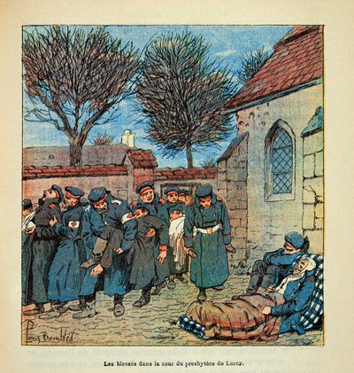 Die Armee der Loire von Eugene Sergent, genannt Grenest, illustriert von Louis Bombled (Französisch-Deutscher Krieg; Feldzug von 1870-1871): Die deutschen Verwundeten im Hof des Pfarrhauses von Lorcy während der Schlacht von Beaune La Rolande im November 1 von Louis Charles Bombled