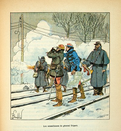 Die Armee der Loire von Eugene Sergent, dit Grenest, illustriert von Louis Bombled (Deutsch-Französischer Krieg; Feldzug von 1870-1871): Die Maschinengewehre von General Tripart von Louis Charles Bombled
