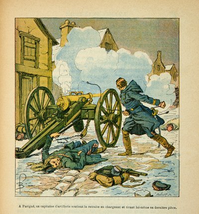 Die Armee der Loire von Eugene Sergent, genannt Grenest, illustriert von Louis Bombled (1862-1927) (Deutsch-Französischer Krieg; Feldzug von 1870-1871): In Parigné unterstützte ein Artillerie-Hauptmann den Rückzug, indem er sein letztes Geschütz im Januar  von Louis Charles Bombled