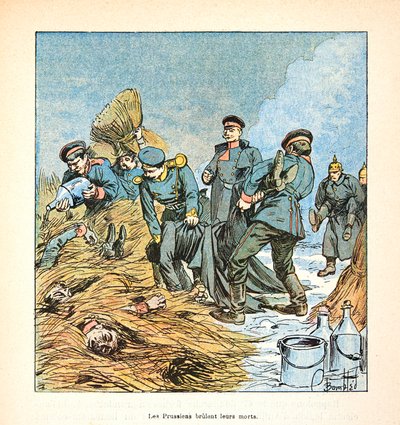 Die Armee der Loire von Eugene Sergent, genannt Grenest, illustriert von Louis Bombled (1862-1927) (Deutsch-Französischer Krieg; Feldzug von 1870-1871): Preußen verbrennen ihre Toten während des Krieges von 1870, Privatbesitz von Louis Charles Bombled