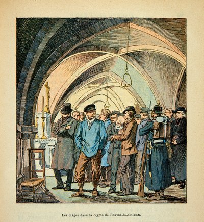Die Armee der Loire von Eugene Sergent, illustriert von Louis Bombled (Deutsch-Französischer Krieg; Feldzug von 1870-1871): Französische Geiseln in der Krypta von Beaune La Rolande während der Kämpfe am 28. November 1870 von Louis Charles Bombled