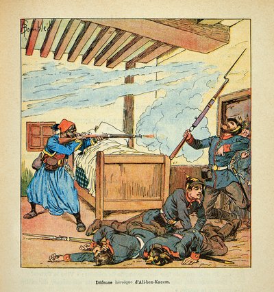 Die Armee der Loire von Eugene Sergent, illustriert von Louis Bombled (Deutsch-Französischer Krieg; Feldzug von 1870-1871): Heroische Verteidigung des Turco Ali ben Kacem des 3. Regiments der Tirailleurs während der Kämpfe von Juranville im November von Louis Charles Bombled