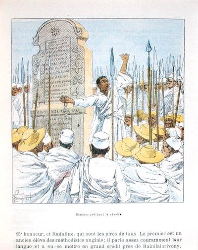 Zauberer predigen den Aufstand gegen Frankreich nach der französischen Besetzung Madagaskars im Jahr 1895, Illustration aus 