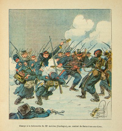 Die Armee der Loire von Eugene Sergent, illustriert von Louis Bombled (Deutsch-Französischer Krieg; Feldzug von 1870-1871): Bajonettangriff des 22. Mobilen (Dordogne) in der Schlacht von Saint Jean sur Evre im Januar 1871 von Louis Charles Bombled