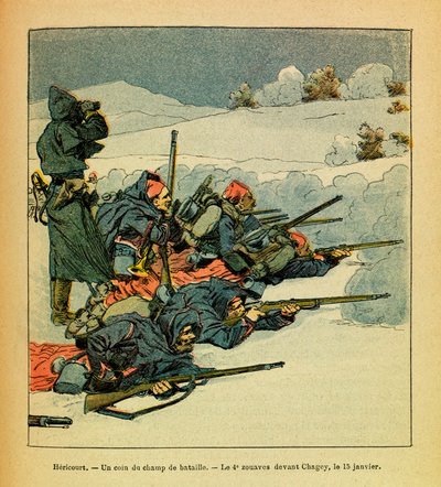 Die östliche Armee: Hericourt, eine Ecke des Schlachtfelds; der 4. Zuave vor Chagey am 15. Januar von Louis Charles Bombled