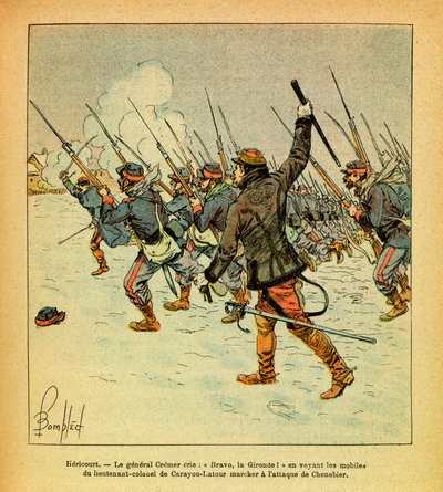 Die Ost-Armee von Eugene Sergeant, genannt Grenest, illustriert von Louis Bombled (1862-1927) (Deutsch-Französischer Krieg; Feldzug von 1870-1871): Januar 1871, Hericourt, General Cremer ruft „Bravo, La Gironde“, als er die Motive von Oberstleutnant sieht von Louis Charles Bombled