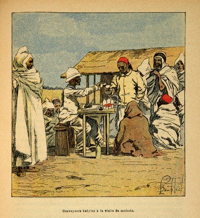 Der Krieg in Madagaskar - Anekdotische Geschichte der französischen Expeditionen von 1885-1895 von Henri Galli dit Galllichet (1854-1922), illustriert von Louis Bombled (1862-1927): Kabiles Konvois bei einem Besuch eines Militärarztes, Private Sammlung von Louis Charles Bombled