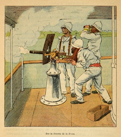 Der Krieg in Madagaskar - Anekdotische Geschichte der französischen Expeditionen von 1885-1895 von Henri Galli dit Galllichet (1854-1922), illustriert von Louis Bombled (1862-1927): Kanonenschuss auf die Hovas an Bord der Kanoniere „La Brave“ im Jahr 1895, von Louis Charles Bombled