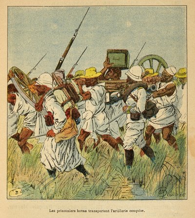 Der Krieg in Madagaskar - Anekdotische Geschichte der französischen Expeditionen von 1885-1895 von Henri Galli, illustriert von Louis Bombled: Gefangene Hovas transportieren Artillerieteile von Louis Charles Bombled