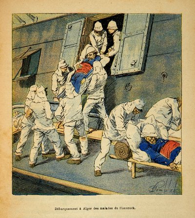 Der Krieg in Madagaskar - Anekdotische Geschichte der französischen Expeditionen von 1885-1895: Ausschiffung in Algier 1895 der kranken Truppen des Hospitalschiffs Shamrock aus Madagaskar von Louis Charles Bombled