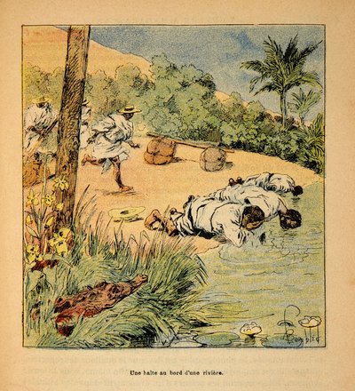 Der Krieg in Madagaskar - Anekdotische Geschichte der französischen Expeditionen von 1885-1895 von Henri Galli dit Galllichet (1854-1922), illustriert von Louis Bombled (1862-1927): Eine Pause am Fluss im Jahr 1895, Privatbesitz von Louis Charles Bombled