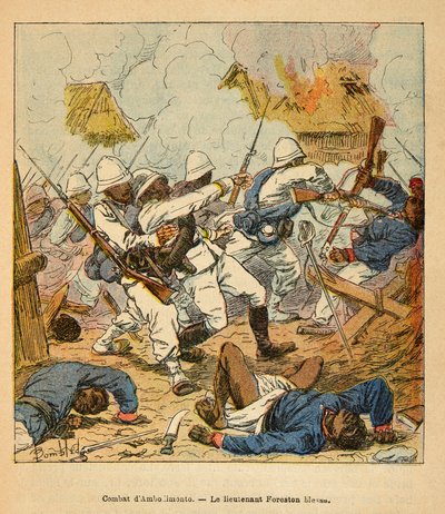 Der Krieg in Madagaskar - Anekdotische Geschichte der französischen Expeditionen von 1885-1895 von Henri Galli dit Galllichet (1854-1922), illustriert von Louis Bombled (1862-1927): Leutnant Foreston wird während der Schlachten von Ambolomonty im Jahr 1895 von Louis Charles Bombled