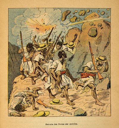 Der Krieg in Madagaskar - Anekdotische Geschichte der französischen Expeditionen von 1885-1895 von Henri Galli dit Galllichet (1854-1922), illustriert von Louis Bombled (1862-1927): Rückzug der Hovas auf Andriba, Privatbesitz von Louis Charles Bombled