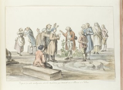 Verhandlung zwischen Reiseleiter und Maultiertreibern, die sie zum Ätna bringen sollen (Voyage en Italie, en Sicile et à Malte - 1778) von Louis Ducros