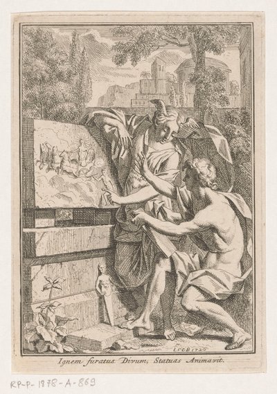 Frau mit geflügeltem Kopf zeigt einem jungen Mann ein Basrelief von Louis Fabritius Dubourg