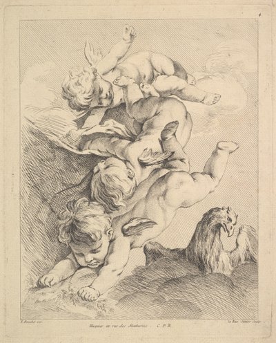 Drei Cupidos machen einen Purzelbaum, ein Adler rechts von Louis Felix de la Rue