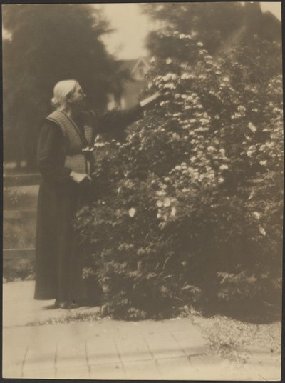 Porträt einer Frau, die Blumen pflückt von Louis Fleckenstein