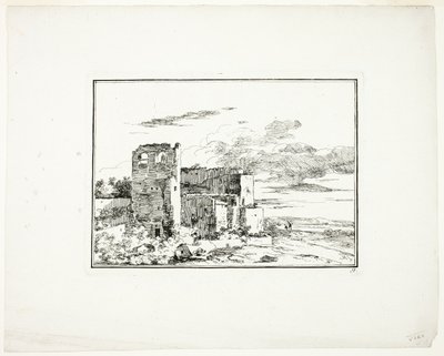 Ruinengebäude an einem Flussufer, Platte 9 aus Quatrieme suite de paysages dessinés et gravé à l’eau-forte par Moreau (Vierte Serie von Landschaften gezeichnet und radiert von Moreau) von Louis Gabriel Moreau