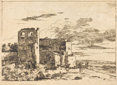 Ruinengebäude in der Nähe eines Flussufers von Louis Gabriel Moreau the Elder