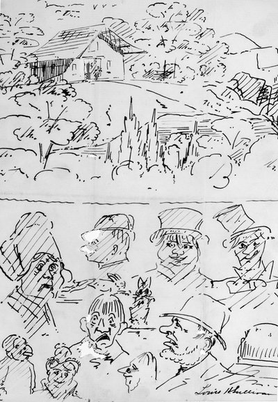 Landschaft mit Gebäude (oben) und Karikaturkopfstudien (unten) von Louis H. Sullivan